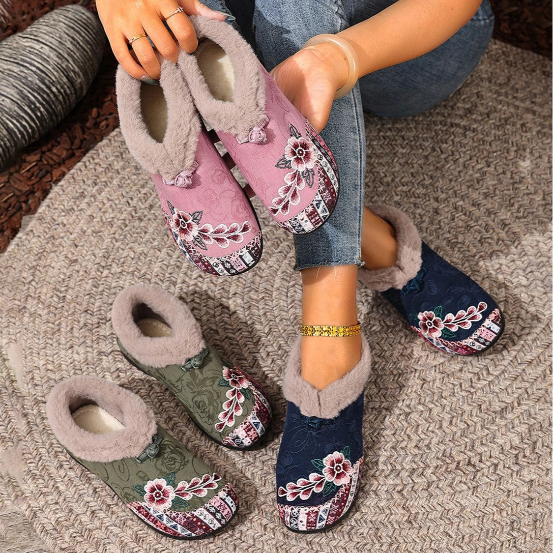 Women's Floral Fuzzy Slip-On Shoes
