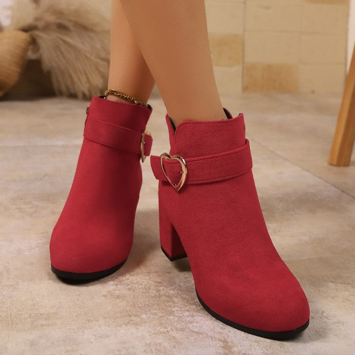 Women's Chunky Heel Ankle Boots with Heart Buckle
