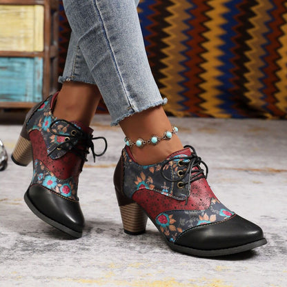 Women's Patterned Lace-Up Block Heel Ankle Boots