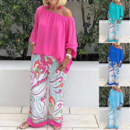 Women's Off-Shoulder Top and Printed Pants Set