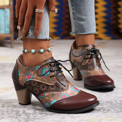 Women's Patterned Lace-Up Block Heel Ankle Boots