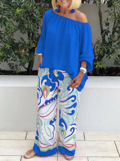 Women's Off-Shoulder Top and Printed Pants Set