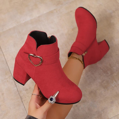 Women's Chunky Heel Ankle Boots with Heart Buckle