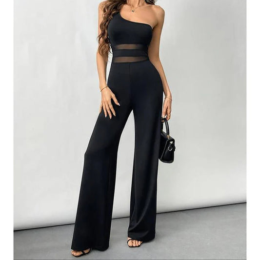 Women's One-Shoulder Mesh Panel Jumpsuit