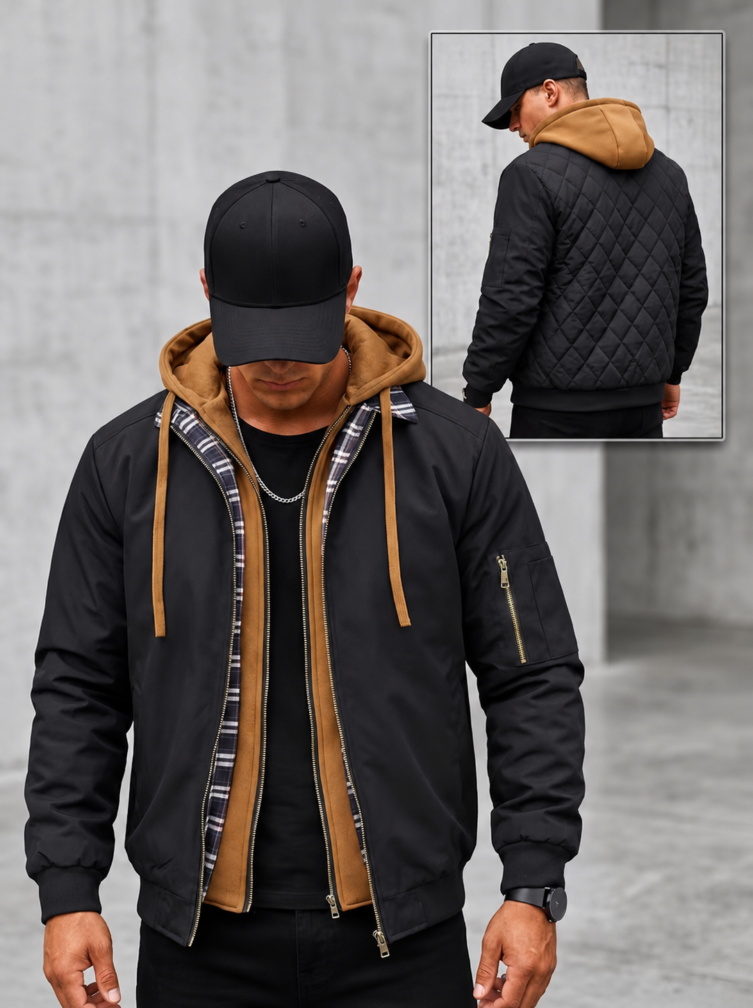 Men's Hooded Plaid Trim Jacket