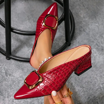 Women's Croc-Embossed Pointed Toe Block Heel Mules
