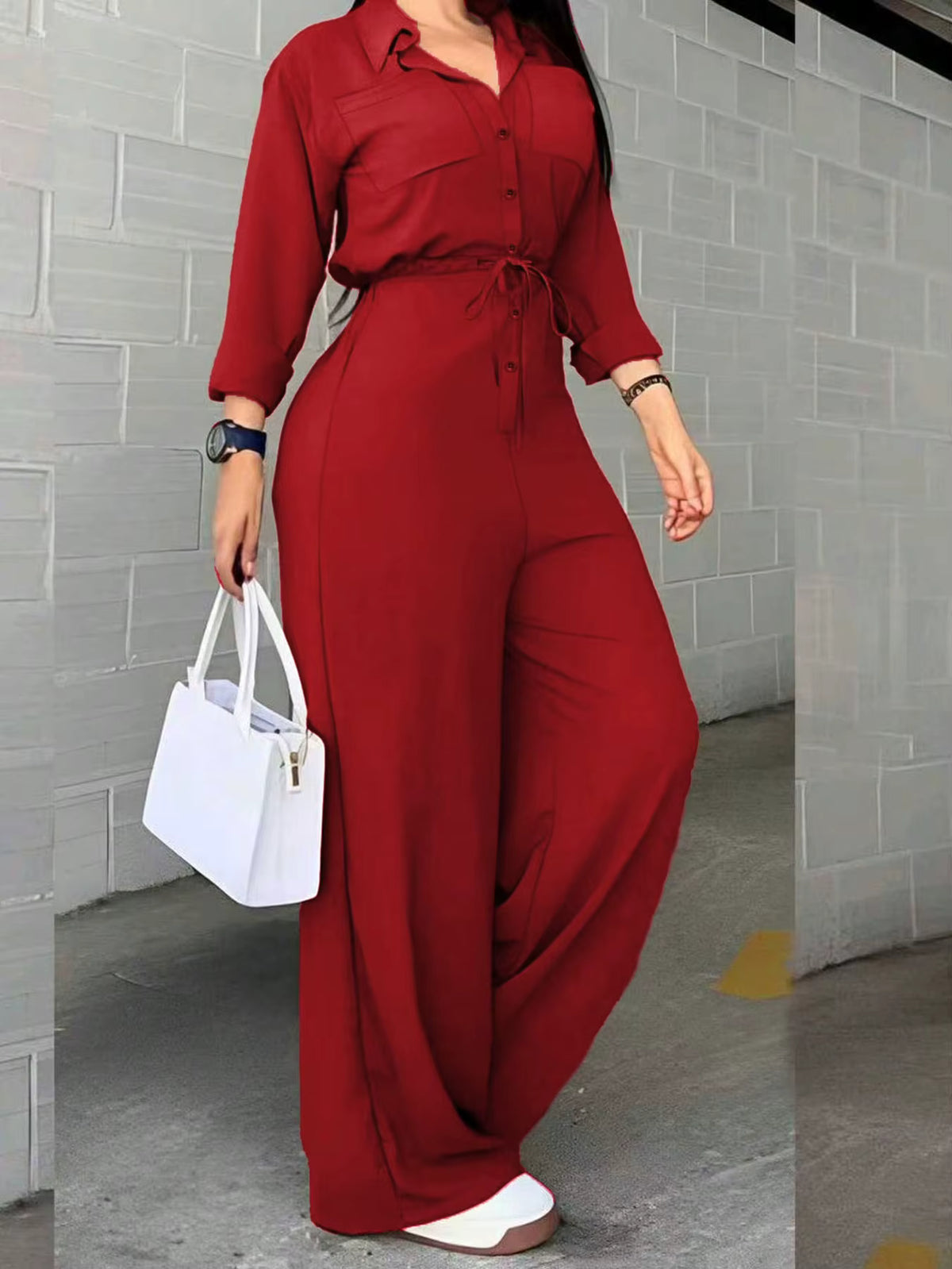 Women's Button-Front Wide-Leg Jumpsuit