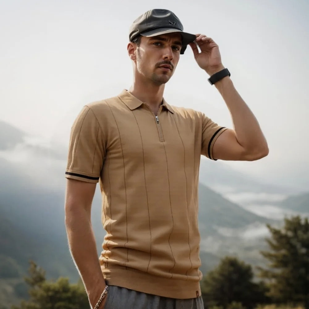 Men's Textured Zip Collar Polo Sweater