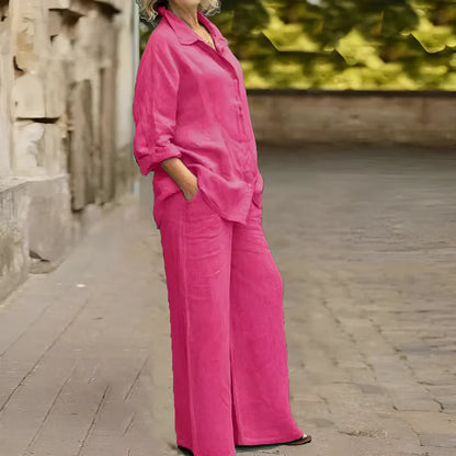 Women's Button-Up Shirt and Wide-Leg Pants Set
