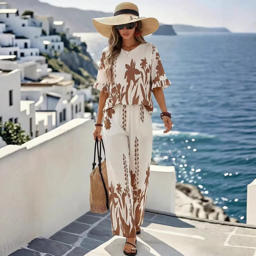 Women's Flutter Sleeve Top & Wide-Leg Pants Set