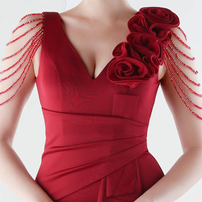 Women's Floral Shoulder Ruffle Evening Gown