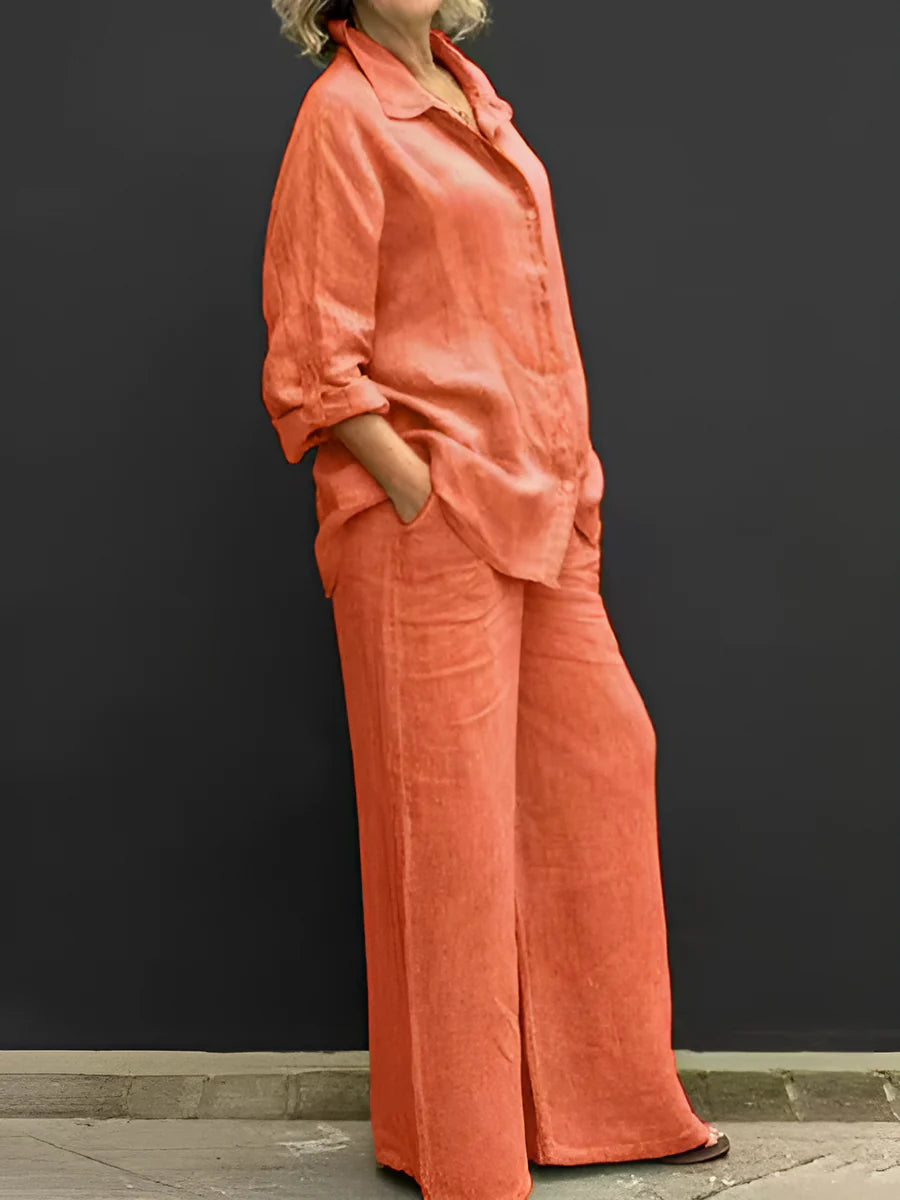 Women's Button-Up Shirt and Wide-Leg Pants Set