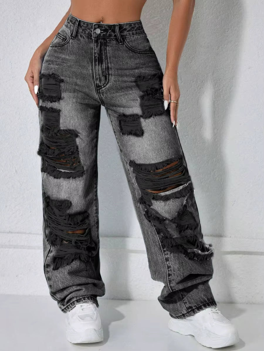 Women's High-Rise Ripped Wide-Leg Jeans