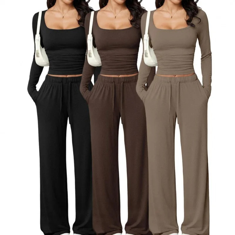 Women's Square-Neck Top and Wide-Leg Pants Set