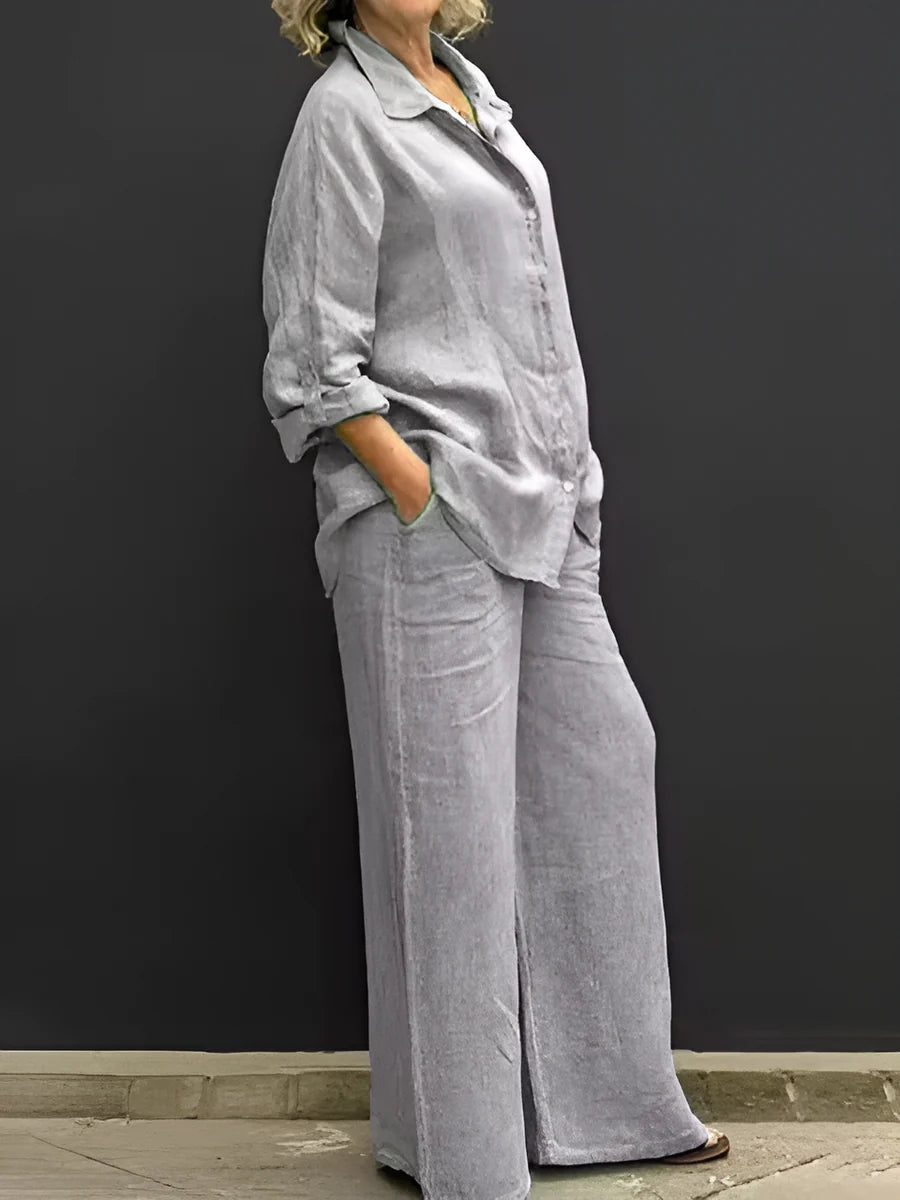 Women's Button-Up Shirt and Wide-Leg Pants Set