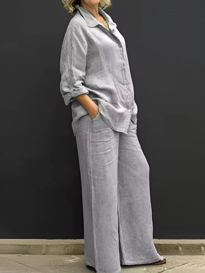 Women's Button-Up Shirt and Wide-Leg Pants Set