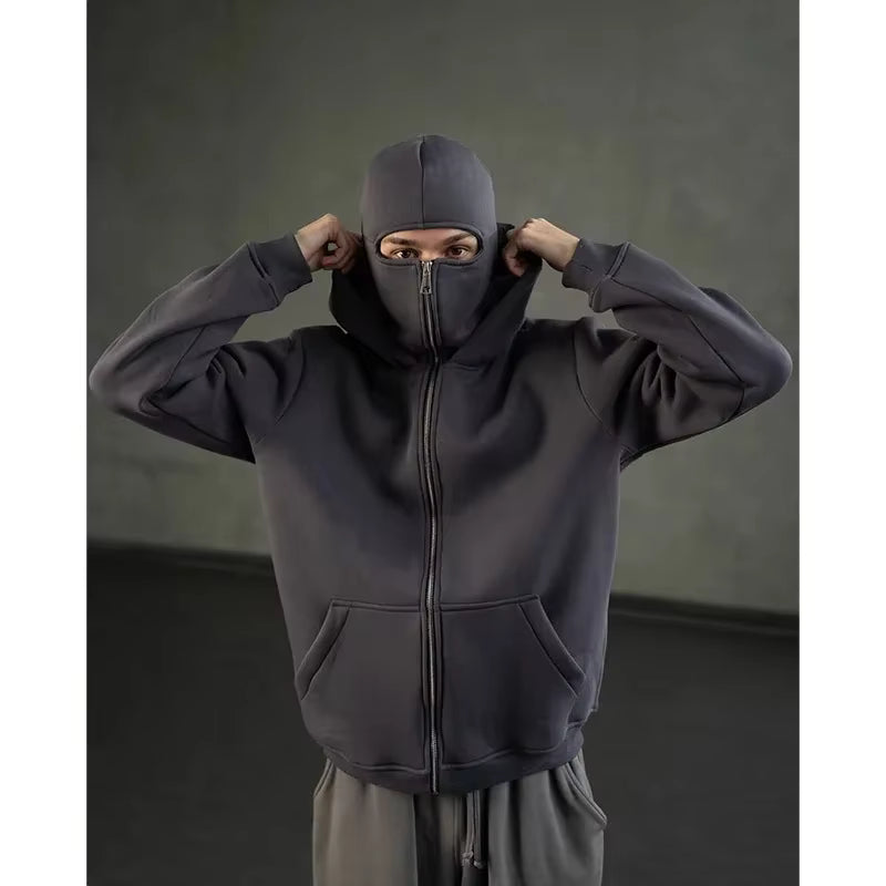 Unisex Zip-Up Hoodie with Face-Covering Hood