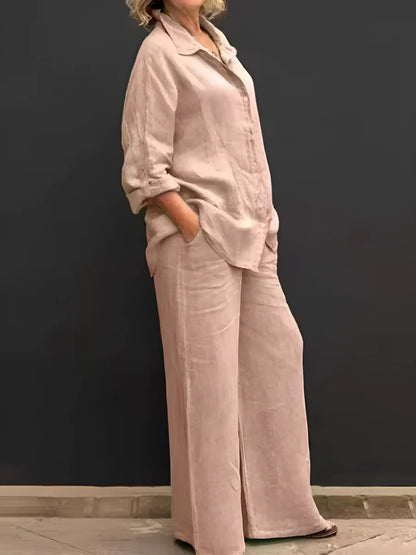 Women's Button-Up Shirt and Wide-Leg Pants Set