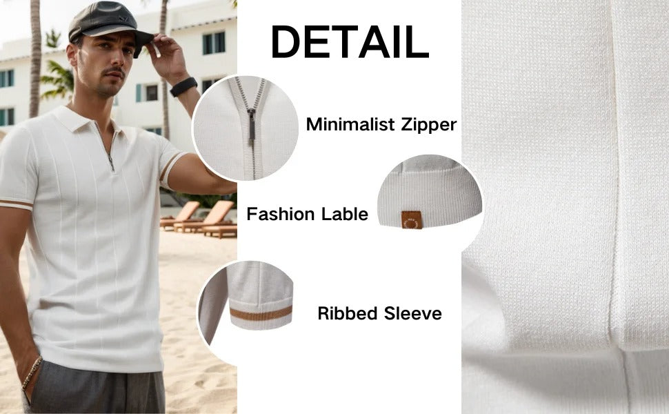 Men's Textured Zip Collar Polo Sweater
