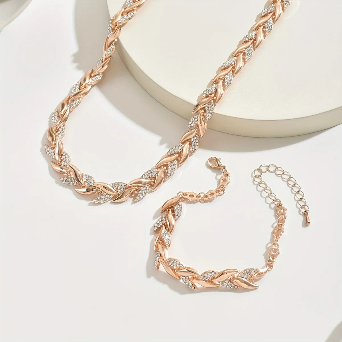 Rhinestone Leaf Link Necklace & Bracelet Set