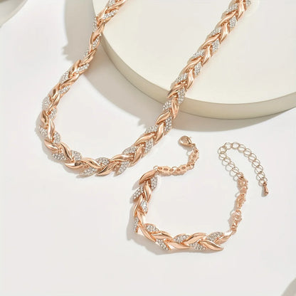 Rhinestone Leaf Link Necklace & Bracelet Set