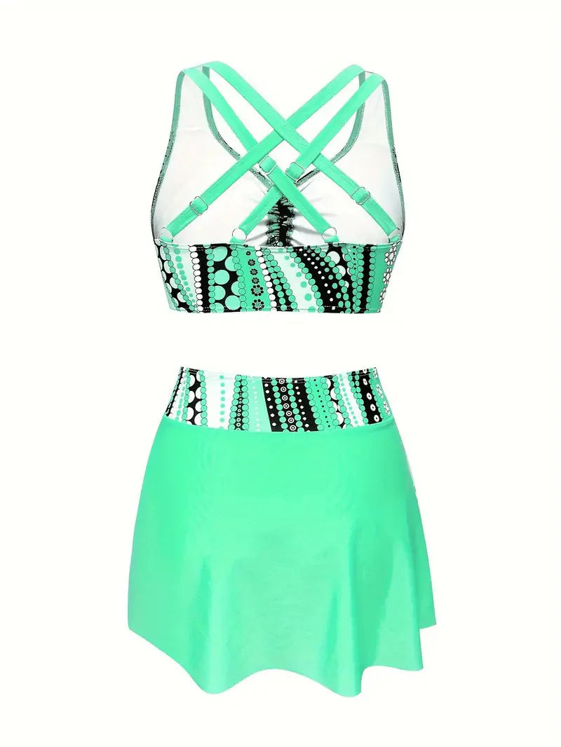 Women's Printed Drawstring Tankini Swim Set with Skirt