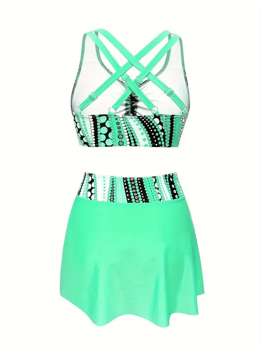 Women's Printed Drawstring Tankini Swim Set with Skirt