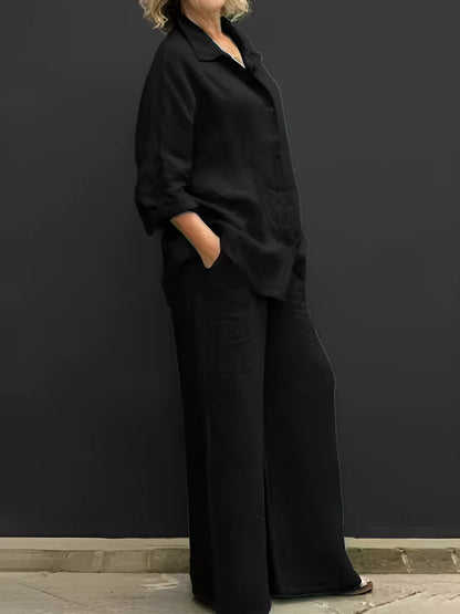 Women's Button-Up Shirt and Wide-Leg Pants Set