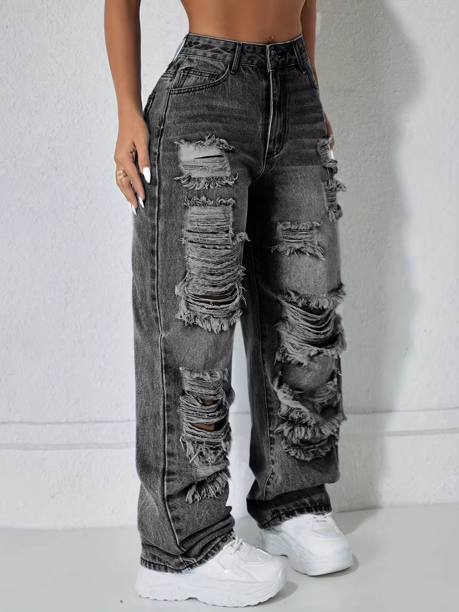 Women's High-Rise Ripped Wide-Leg Jeans
