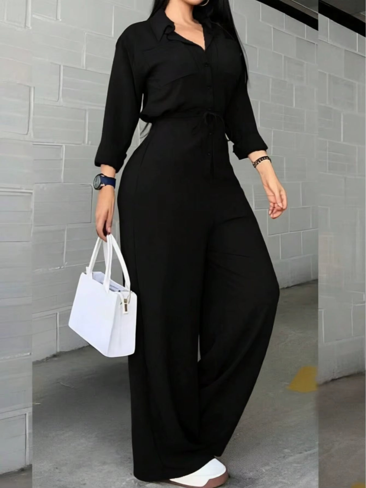 Women's Button-Front Wide-Leg Jumpsuit