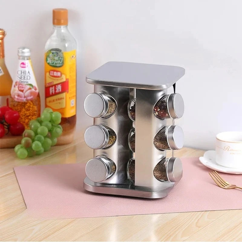 12-Jar Rotating Stainless Steel Spice Rack Set