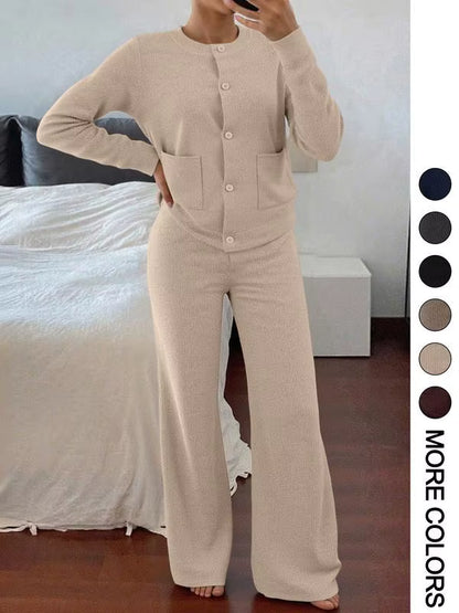 Women's Button-Front Cardigan and Wide-Leg Pants Set
