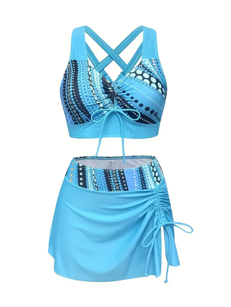 Women's Printed Drawstring Tankini Swim Set with Skirt
