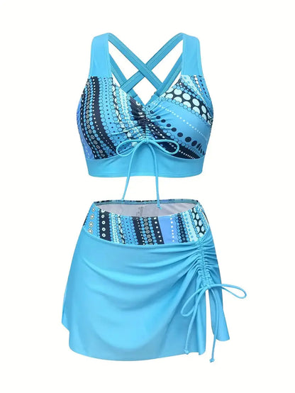 Women's Printed Drawstring Tankini Swim Set with Skirt