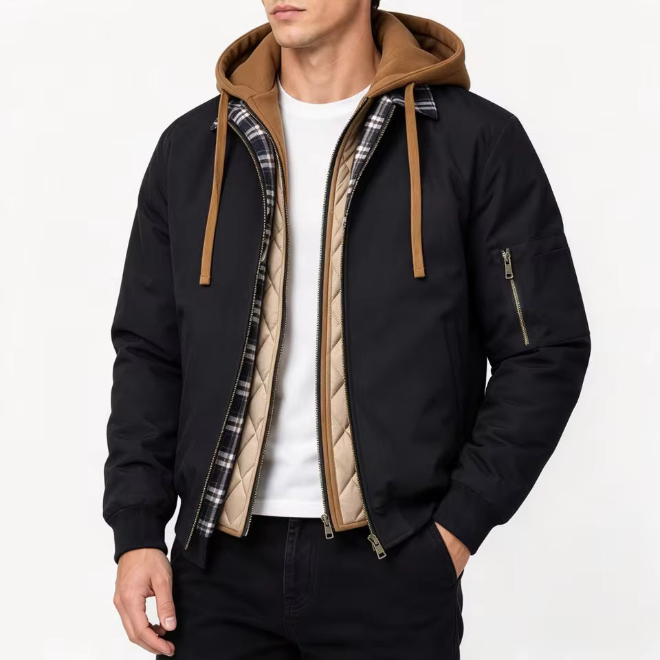 Men's Hooded Plaid Trim Jacket