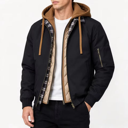 Men's Hooded Plaid Trim Jacket