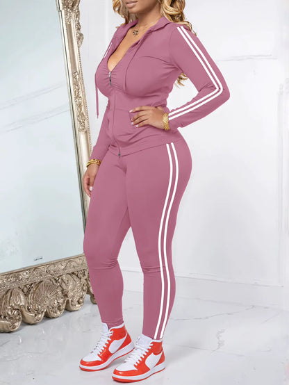 Women's Striped Zip-Up Hoodie and Pants Set