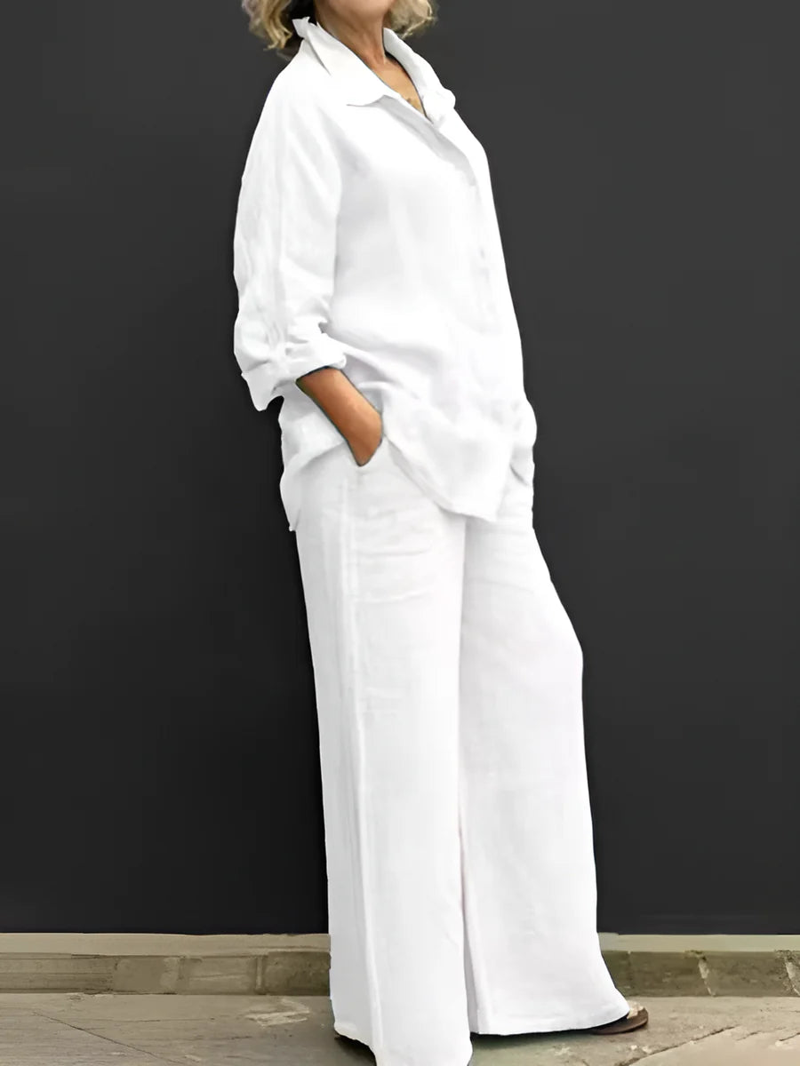 Women's Button-Up Shirt and Wide-Leg Pants Set