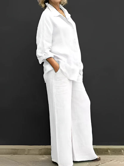 Women's Button-Up Shirt and Wide-Leg Pants Set
