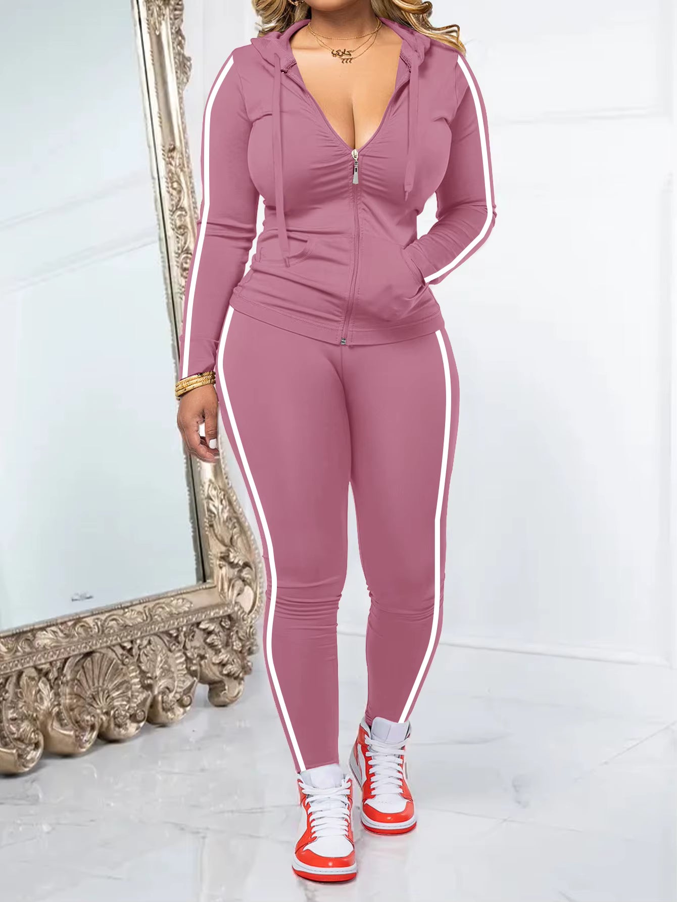 Women's Striped Zip-Up Hoodie and Pants Set
