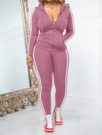 Women's Striped Zip-Up Hoodie and Pants Set