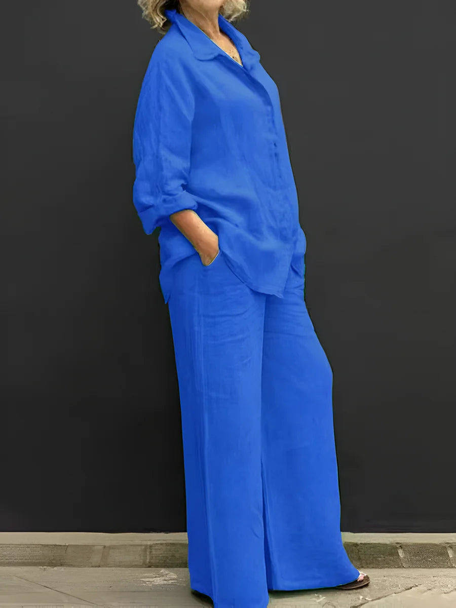 Women's Button-Up Shirt and Wide-Leg Pants Set