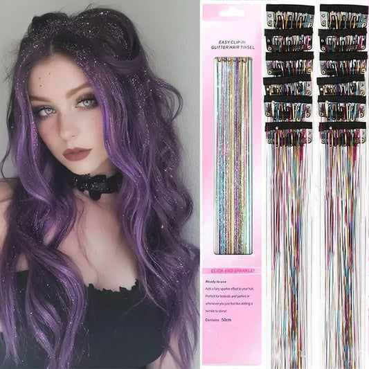 12-Pack Clip-In Sparkle Hair Tinsel Strands