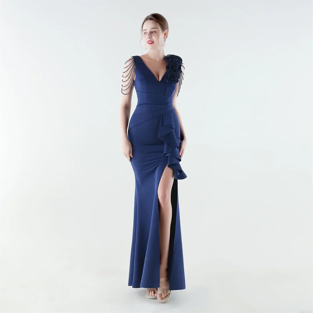 Women's Floral Shoulder Ruffle Evening Gown