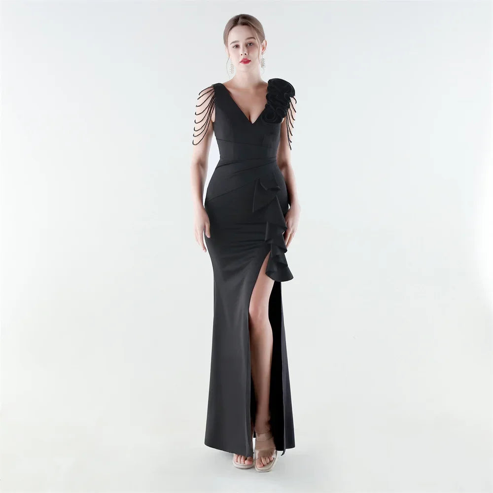 Women's Floral Shoulder Ruffle Evening Gown