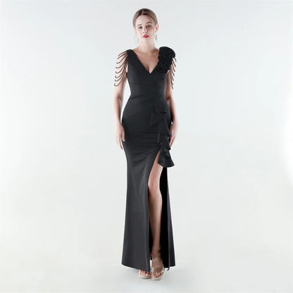 Women's Floral Shoulder Ruffle Evening Gown
