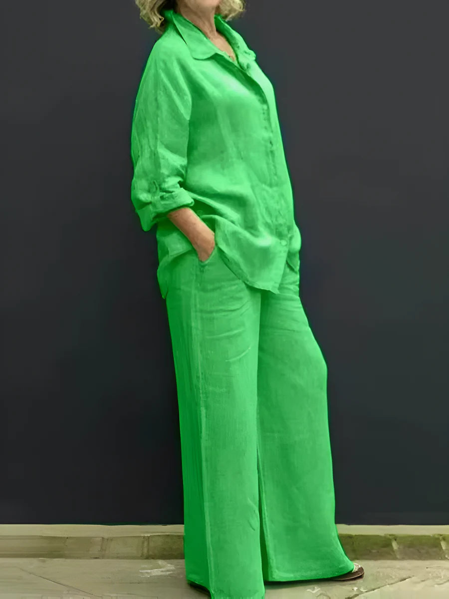 Women's Button-Up Shirt and Wide-Leg Pants Set