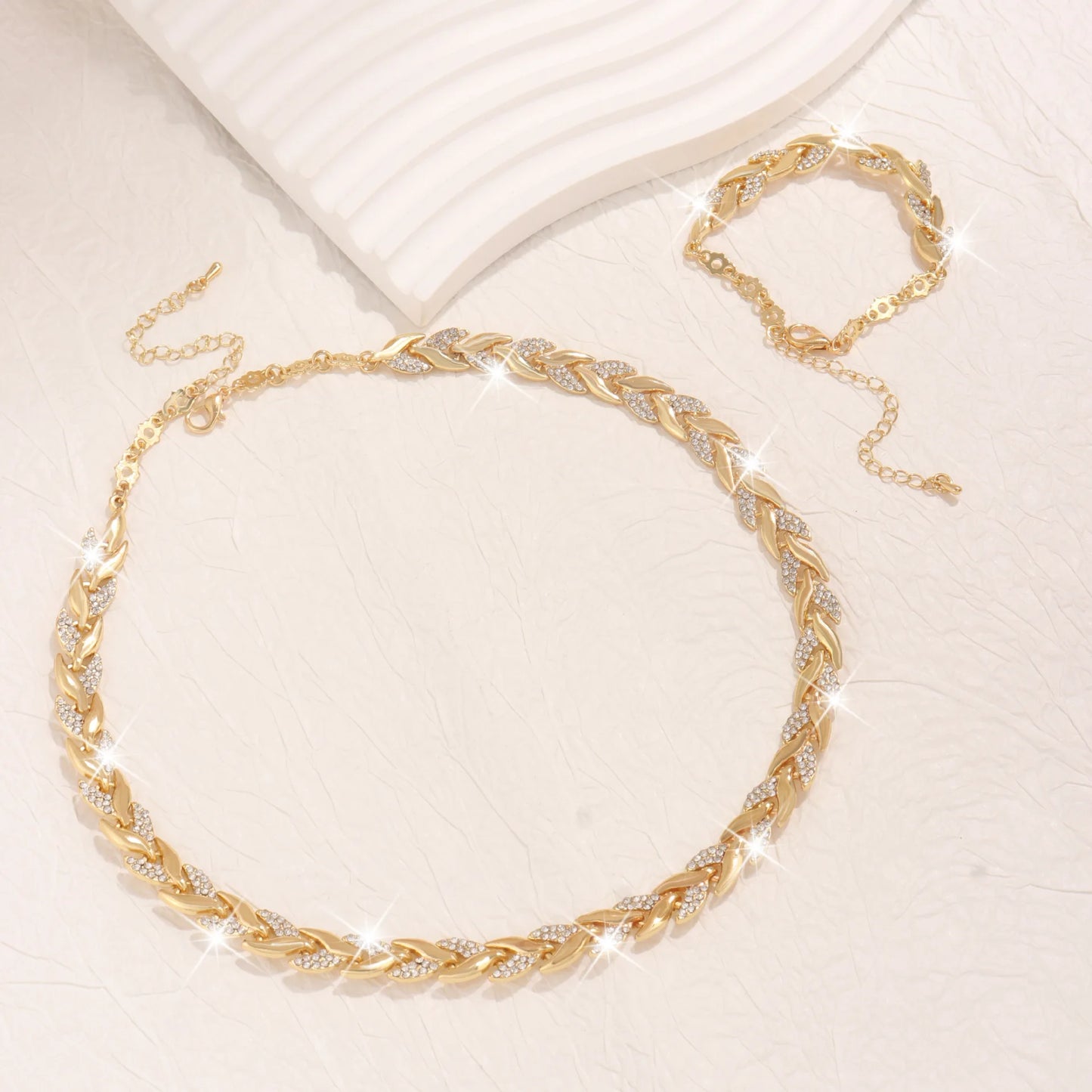 Rhinestone Leaf Link Necklace & Bracelet Set