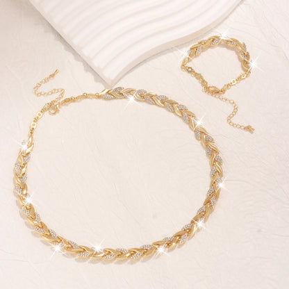 Rhinestone Leaf Link Necklace & Bracelet Set