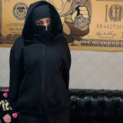 Unisex Zip-Up Hoodie with Face-Covering Hood